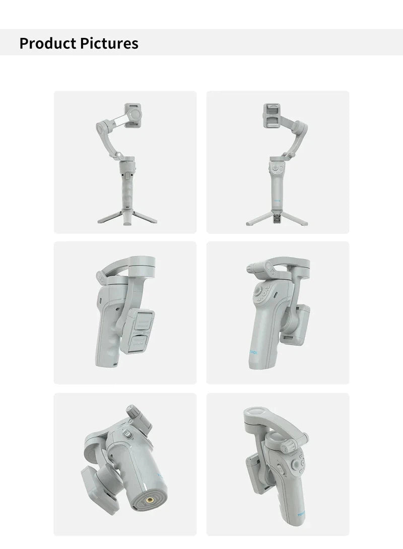 TOKQI M01 Handheld 3-Axis Gimbal Phone Holder showcasing anti-shake features and adjustable angles with a lightweight, portable design.