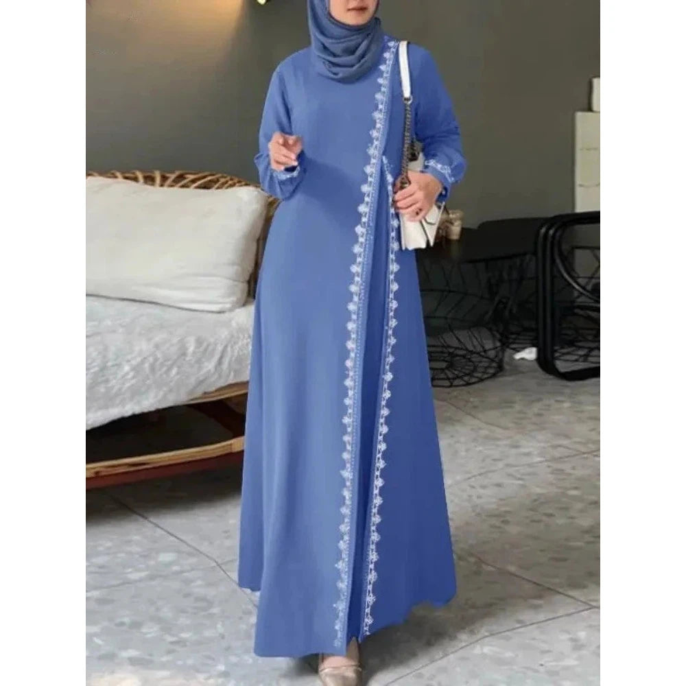 Abaya Muslim Fashion Long Sleeve O Neck Abaya Women Elegant Lace Patchwork Long Dresses