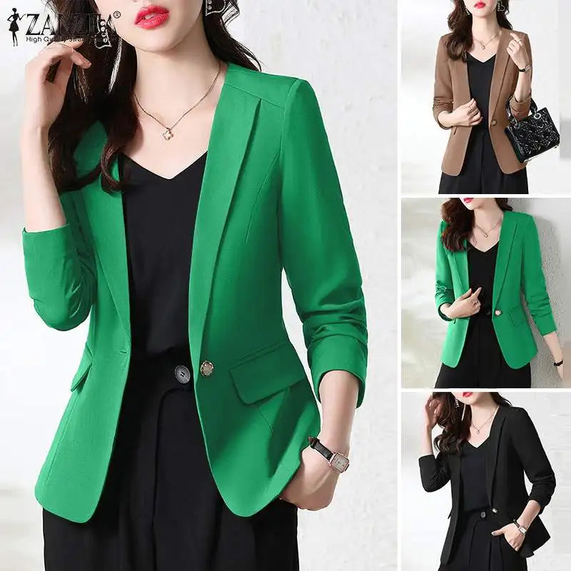 Women Blazer by ZANZEA Women Elegant OL Jackets Casual Slim Outwear Solid Lapel Neck Long Sleeve Work Thin Coats