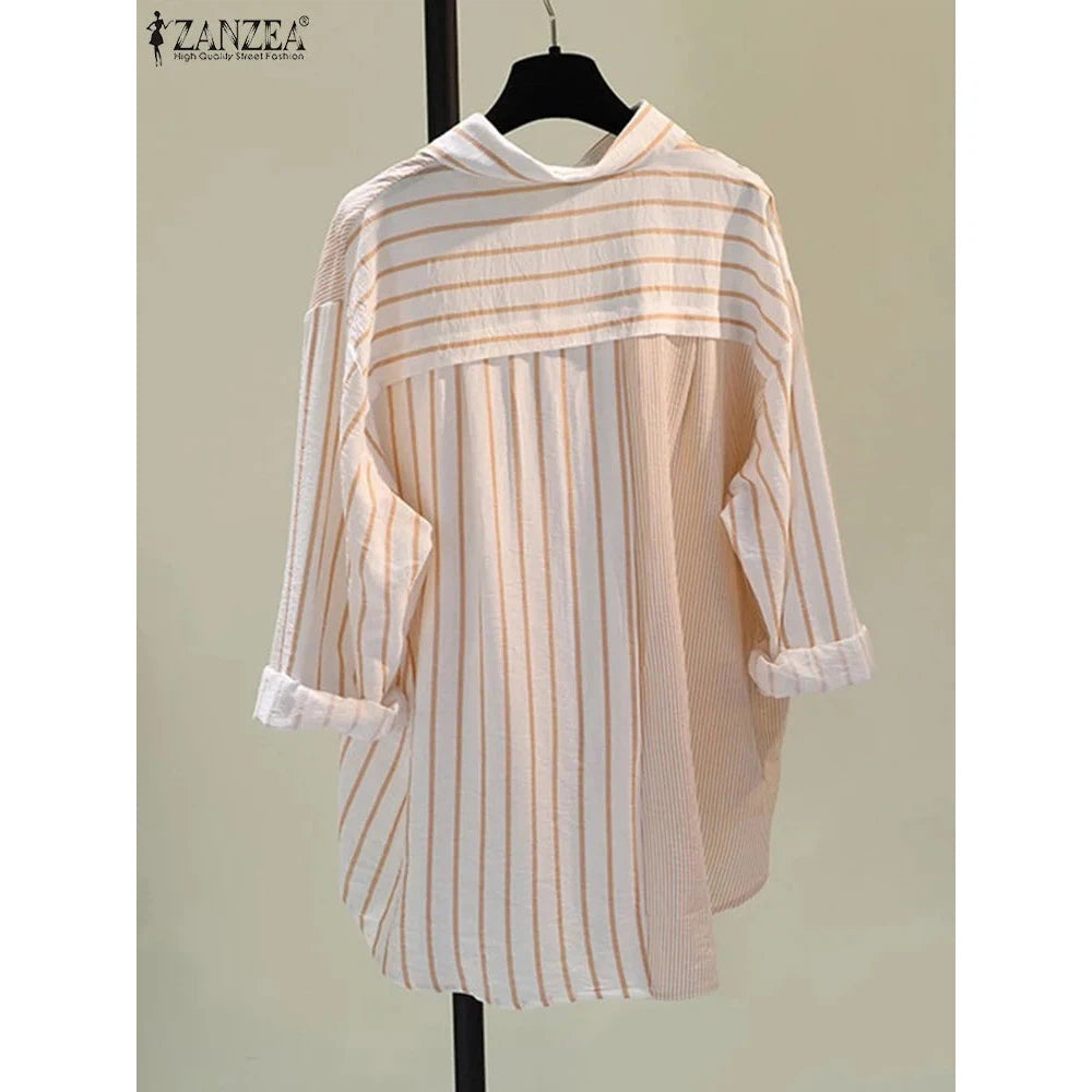 ZANZEA Women Blouse Lapel Neck Long Sleeve Striped, Spring Patchwork Tops, Stylish Casual Buttons Down Shirt Loose Blouse