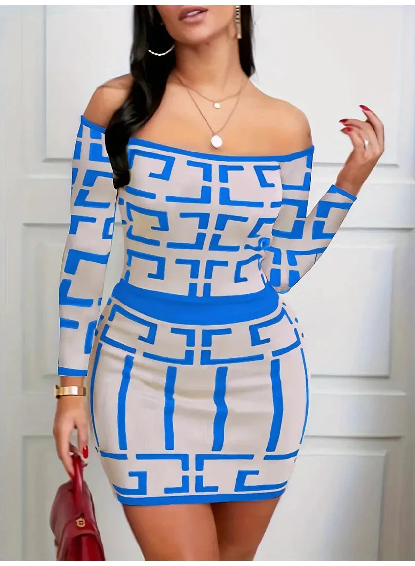 Women Fashion Two Piece Set  Off-Shoulder Top & High-Waisted Slim Skirt Outfit Clothing Chic Geometric Print