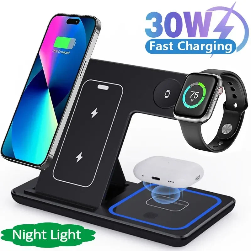 30W magnetic wireless charger stand for iPhone 15, Apple Watch 8, Airpods Pro 3; fast charging station with night light.