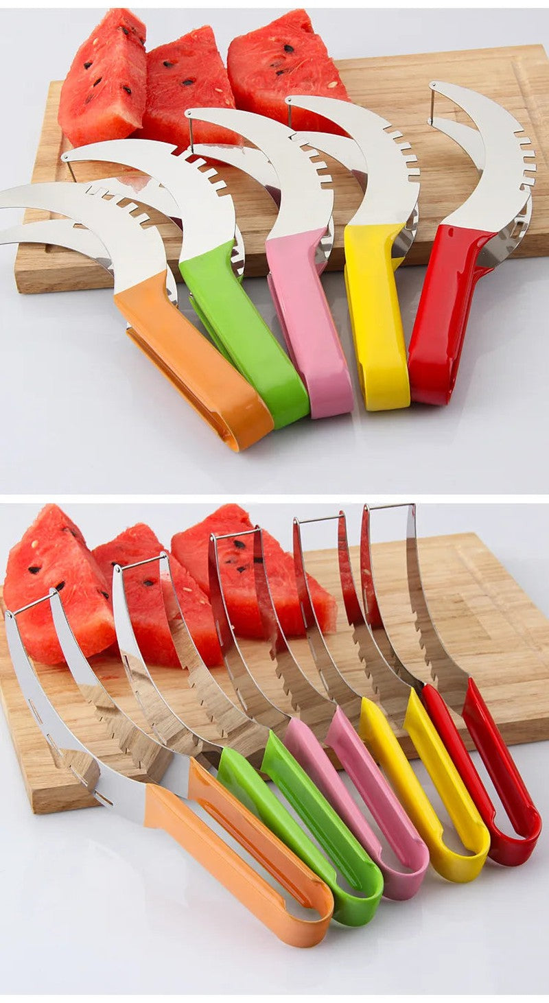 Watermelon and cantaloupe slicer with stainless steel blade and non-slip plastic handle in various colors on a cutting board.