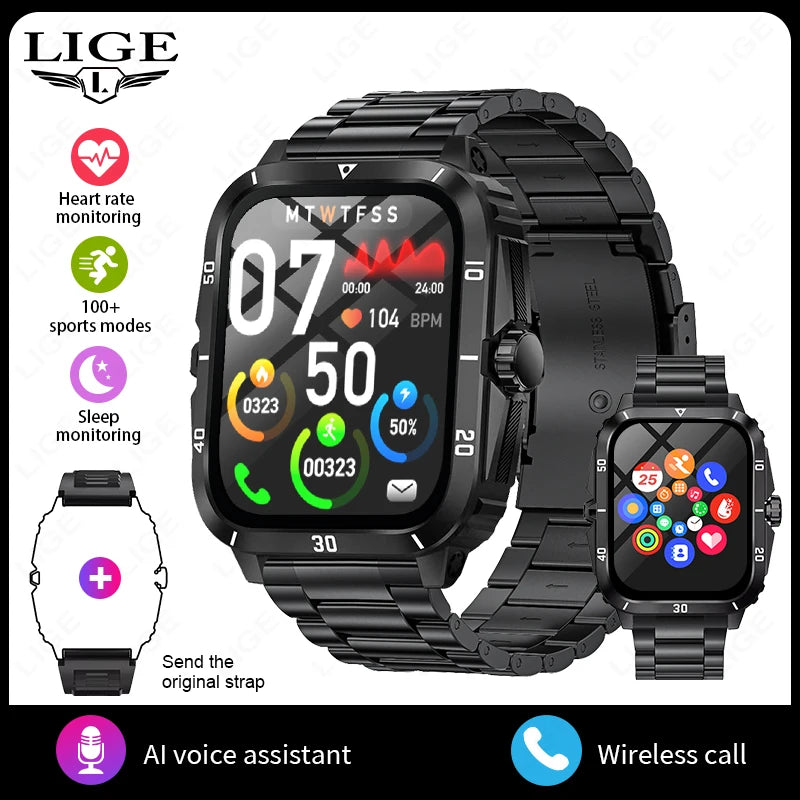 LIGE Sport Smart Watch For Men 2.01 Screen Blood Oxygen Bluetooth Call Watch 100+Sports Waterproof Smartwatch Man Reloj Hombre