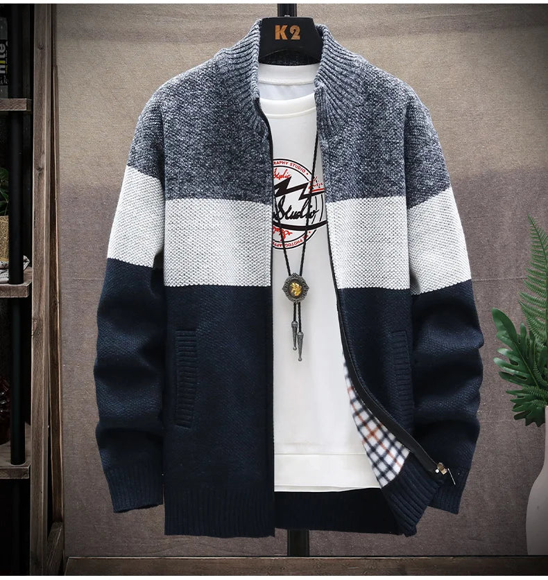 Cardigan Sweater Men Autumn Winter Fleece Zipper Sweaters Velvet Contrast Striped Sweater Coats Casual Jackets