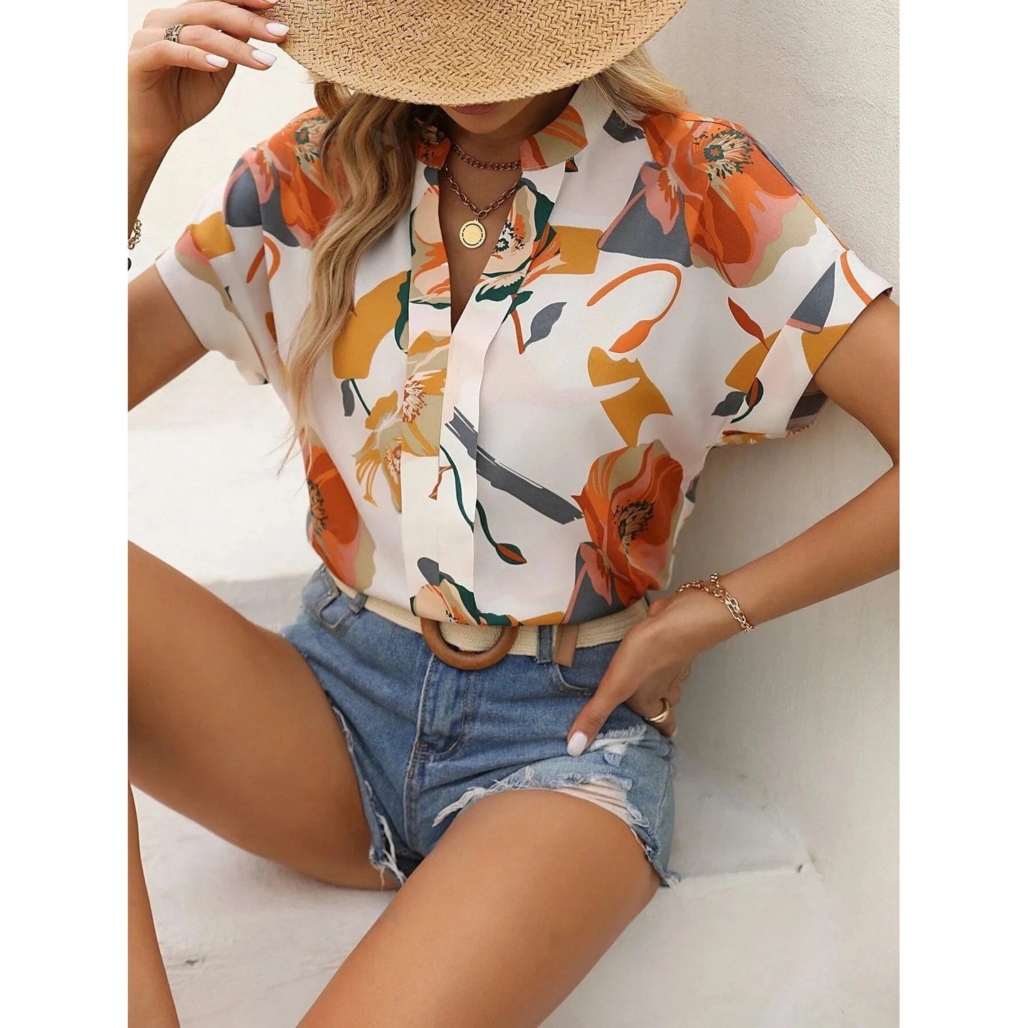 Women Blouse Flora Print Notched Neck Batwing Sleeve Blouse, Ladies Tops Shirts