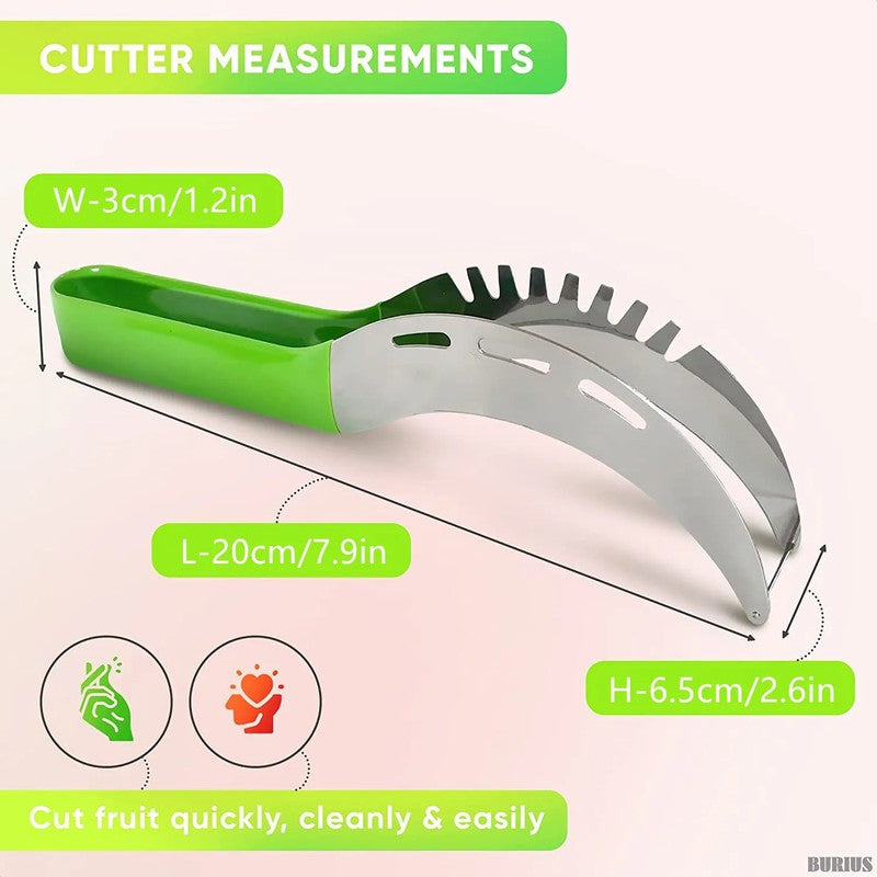 Non-slip watermelon slicer with stainless steel blade and green plastic handle, designed for safe and easy fruit cutting.