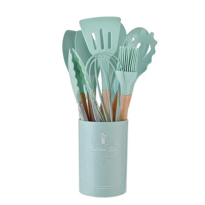 12-piece silicone kitchen utensil set with wooden handles and storage bucket, featuring spatulas and spoons, high temperature resistant and non-stick.