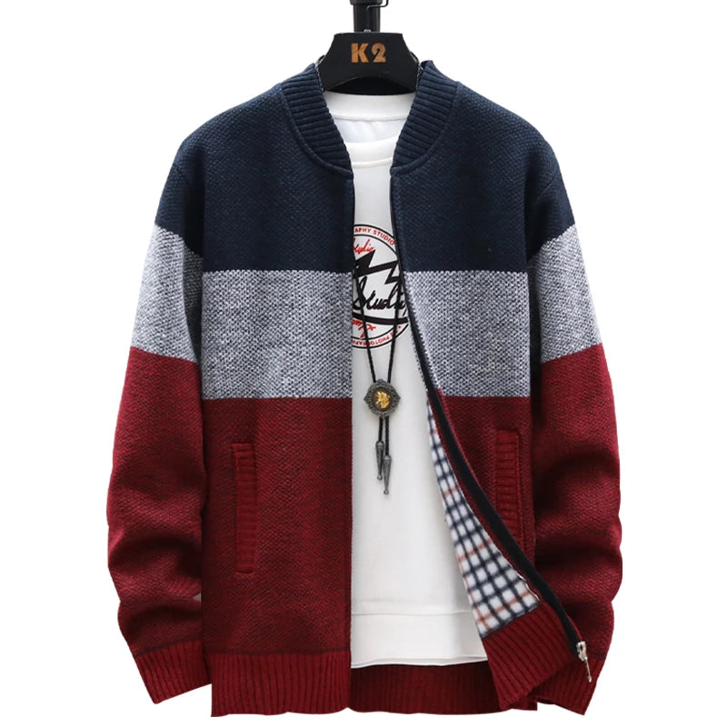 Cardigan Sweater Men Autumn Winter Fleece Zipper Sweaters Velvet Contrast Striped Sweater Coats Casual Jackets