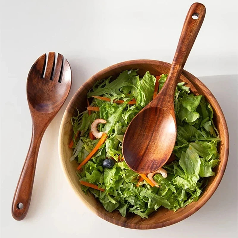 2-piece wooden dinnerware set with large spoon and fork, Japanese style, ideal for serving salad.