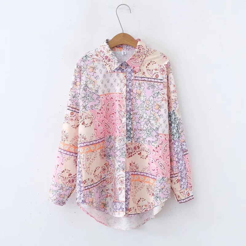 Floral print blouse with turn-down collar and full sleeves, casual streetwear for women.