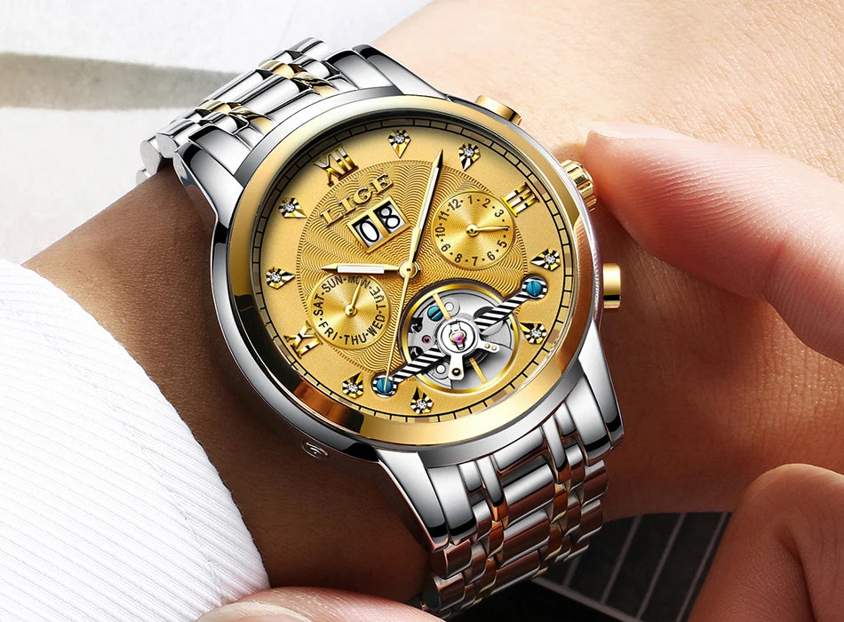 LIGE 2024 Top Brand Luxury Tourbillon Watch Men Fashion Sport Men's Mechanical Wristwatches Casual Waterproof Automatic Watch