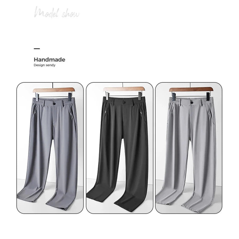 Men's Pants High Elastic Ultra-thin Casual Business Straight Slim Trousers Breathable Classic Black Gray Male Brand Pant