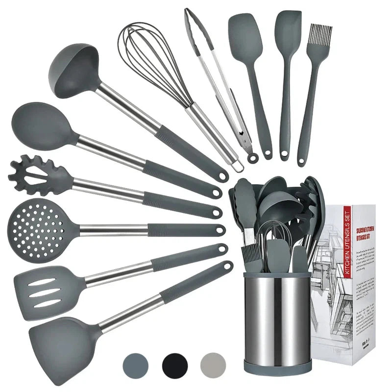 12-piece silicone and stainless steel kitchen utensils set with rotating storage bucket and eggbeater.