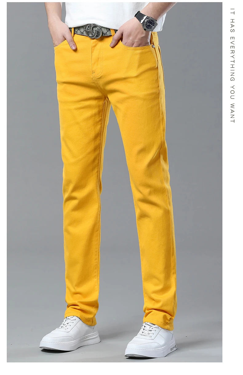 Men's Jeans Casual  Pant Stretch Skinny Jeans New Elastic Yellow Pink Red Slim Male Clothing Solid Color Simple Business Trousers