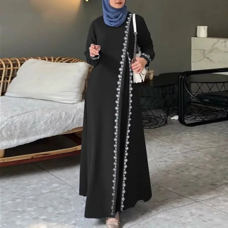 Abaya Muslim Fashion Long Sleeve O Neck Abaya Women Elegant Lace Patchwork Long Dresses