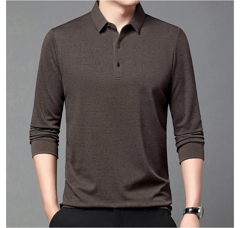 Men's Polo Shirt Hollow Printing Lapel Long-sleeved Business Fashion Male T-Shirt Golf Bottoming Shirt Top