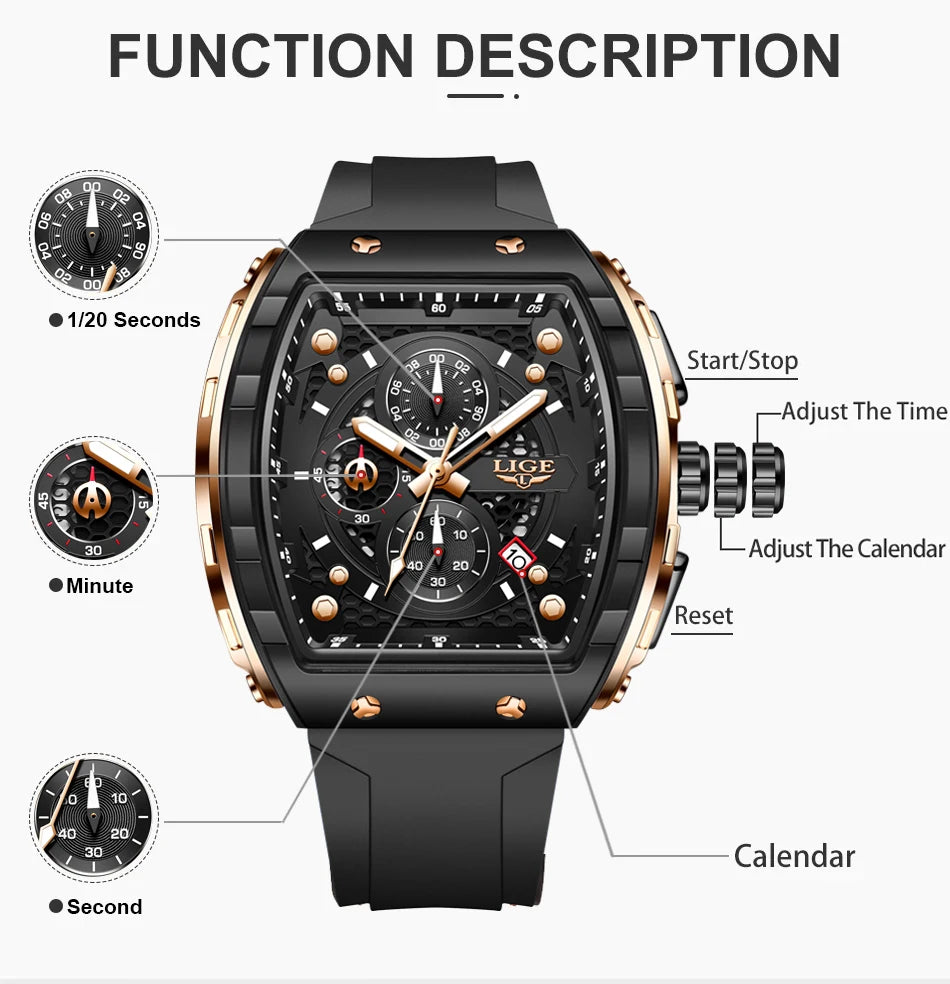 LIGE Top Brand Luxury Men's Watches Fashion Square Waterproof Men's Quartz Wristwatches Military Sports