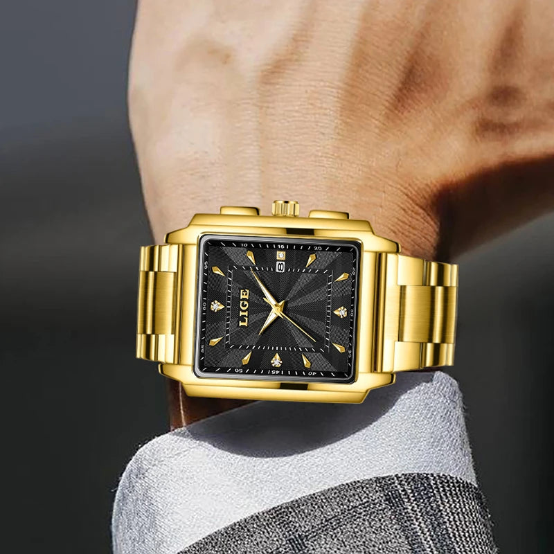 LIGE Gold Watch Men Square Mens Clock Top Brand Luxury Quartz Watches Stainless Steel Waterproof Wristwatch Relogio Masculino