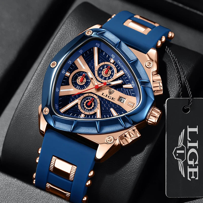 LIGE Fashion Men Watch Triangle Chronograph Military Wristwatch Sport Army Watches Luxury Waterproof Quartz Clock