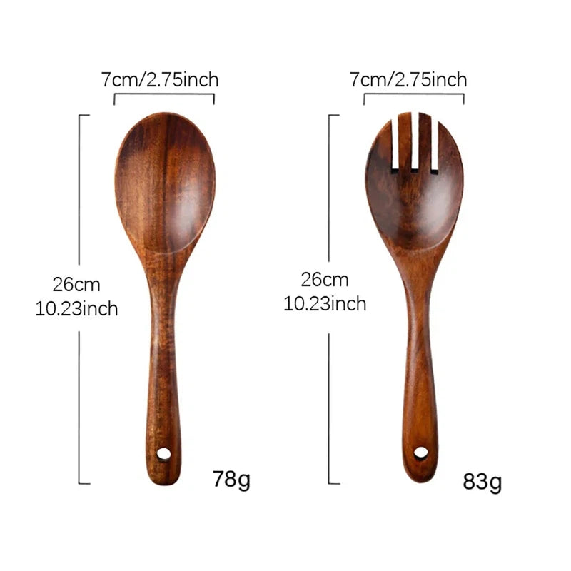 Japanese style wooden spoon and fork set with long handles for serving salad, measuring 26cm length and 7cm width.