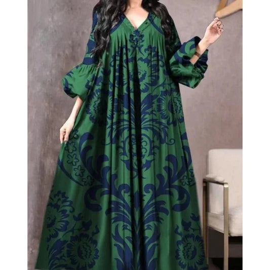 Long Gown Women Dress, Vintage Printed Dress Breathable Loose Robe Casual Long Sleeve V-neck Loose Maxi Type Dress for Women