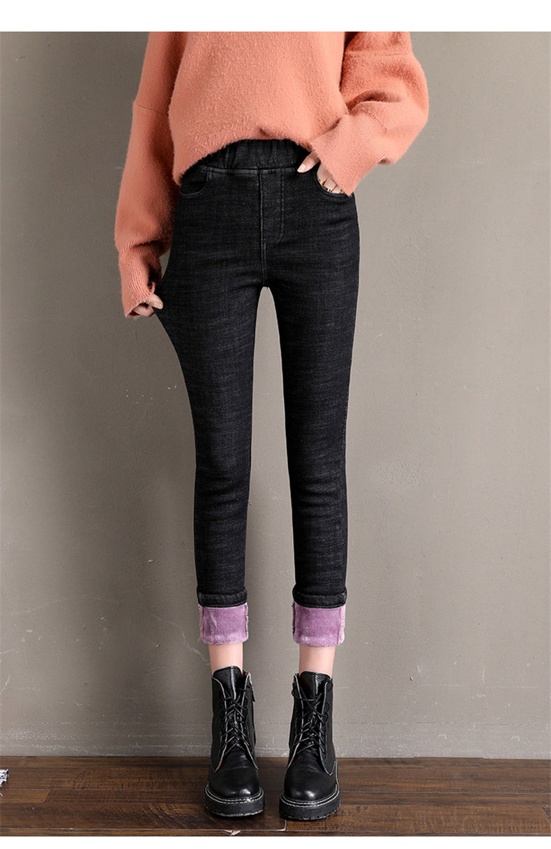 Women Jean Casual Thick Thermal  Winter New Skinny Stretch waist Jeans Fleece Pencil Pants Plush Warm Trousers