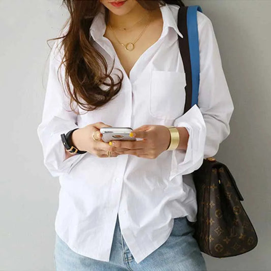 Women Top Cotton Blouse Casual, Cotton White Shirt Women Long Sleeve Button Up Loose