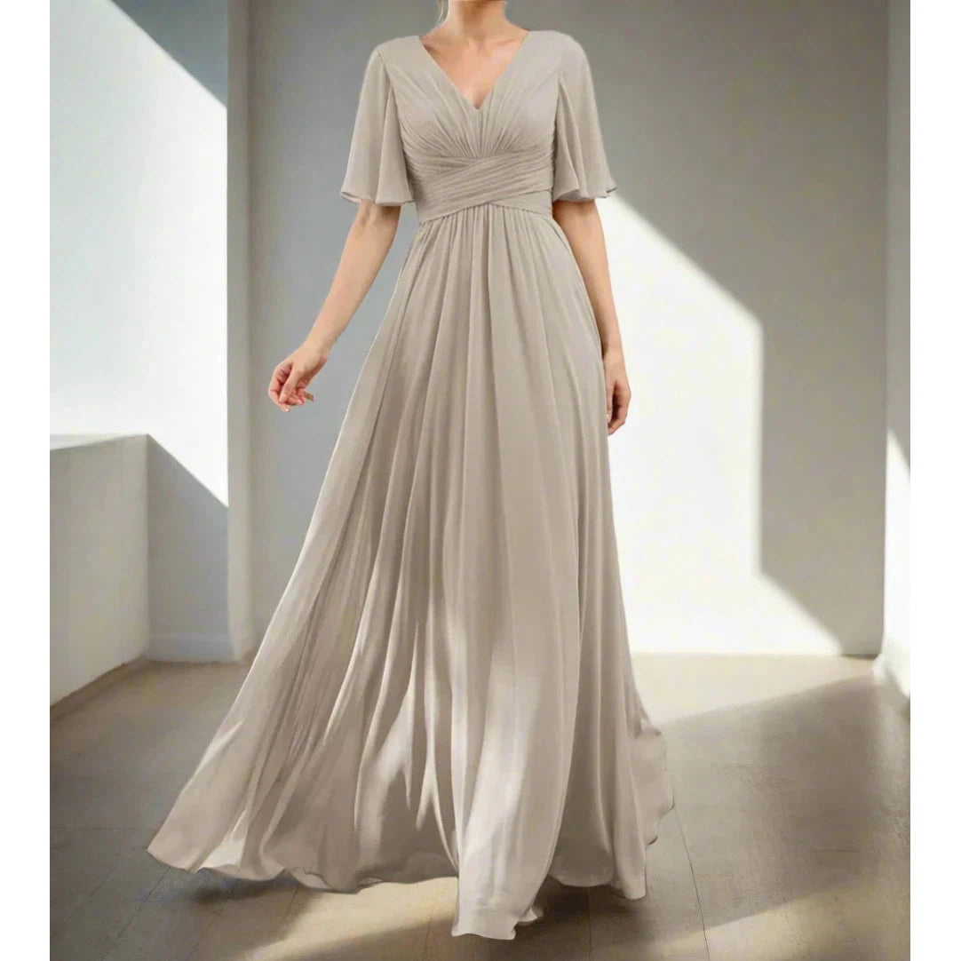 Swing Formal Dress For Women DMDRS Bridesmaid Prom Dresses Half Sleeves V Neck Chiffon Women's Evening Gown robe de soriee