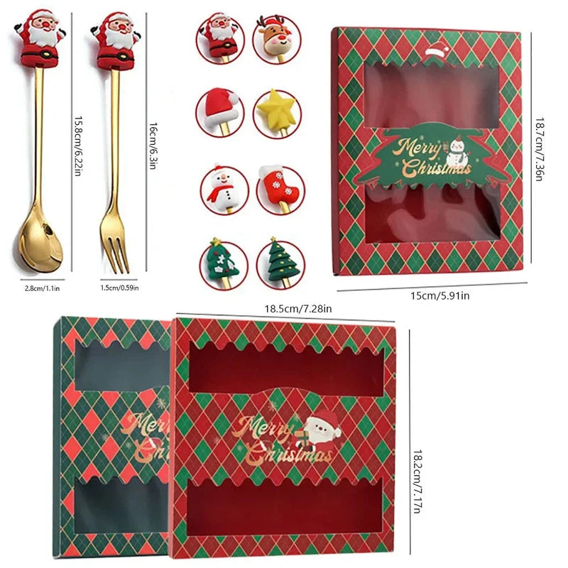 Christmas-themed stainless steel coffee spoon and fork set with festive decorations in red and green gift box.