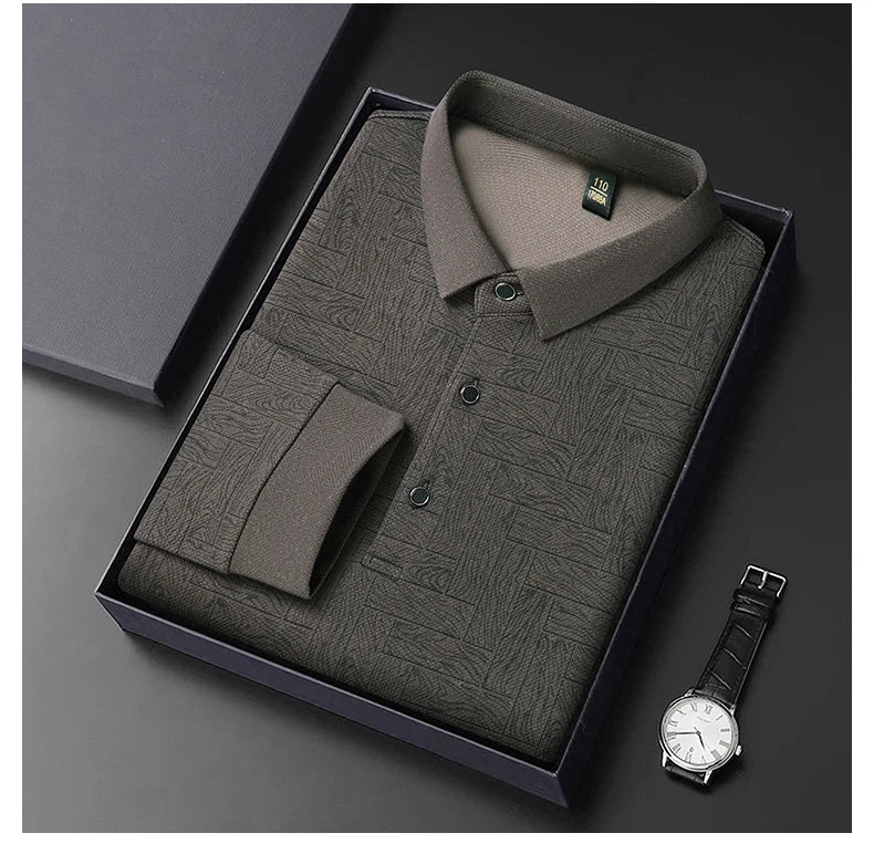 Men's Polo Shirt Hollow Printing Lapel Long-sleeved Business Fashion Male T-Shirt Golf Bottoming Shirt Top