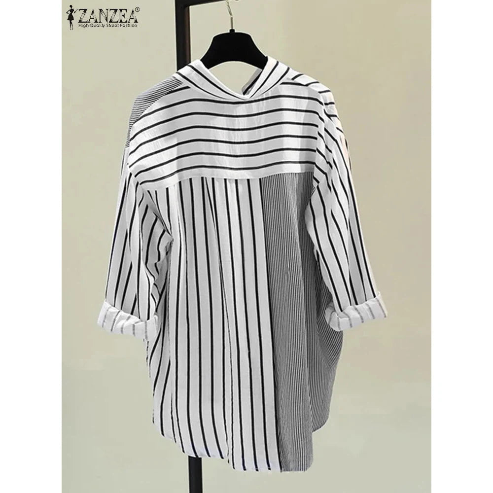 ZANZEA Women Blouse Lapel Neck Long Sleeve Striped, Spring Patchwork Tops, Stylish Casual Buttons Down Shirt Loose Blouse