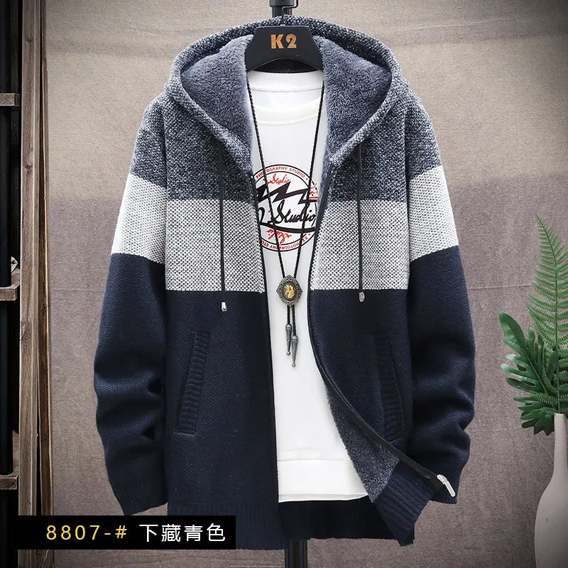 Cardigan Sweater Men Autumn Winter Fleece Zipper Sweaters Velvet Contrast Striped Sweater Coats Casual Jackets