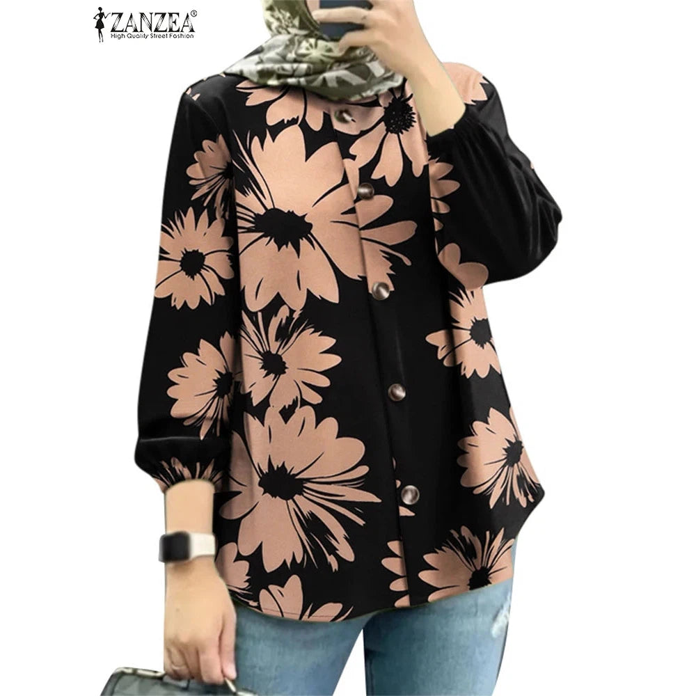 Women Blouse Autumn ZANZEA Fashion Long Sleeve Floral Printed Shirt Casual Tops Vintage