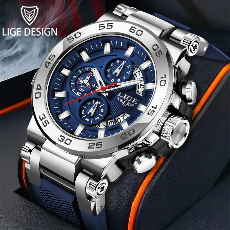 LIGE New Men's Watches Top Luxury Brand Big Dial Watch Men Waterproof Quartz Wristwatch Sport Chronograph Clock