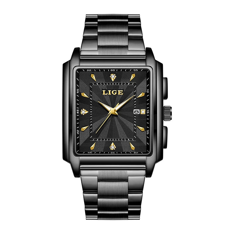 LIGE Gold Watch Men Square Mens Clock Top Brand Luxury Quartz Watches Stainless Steel Waterproof Wristwatch Relogio Masculino